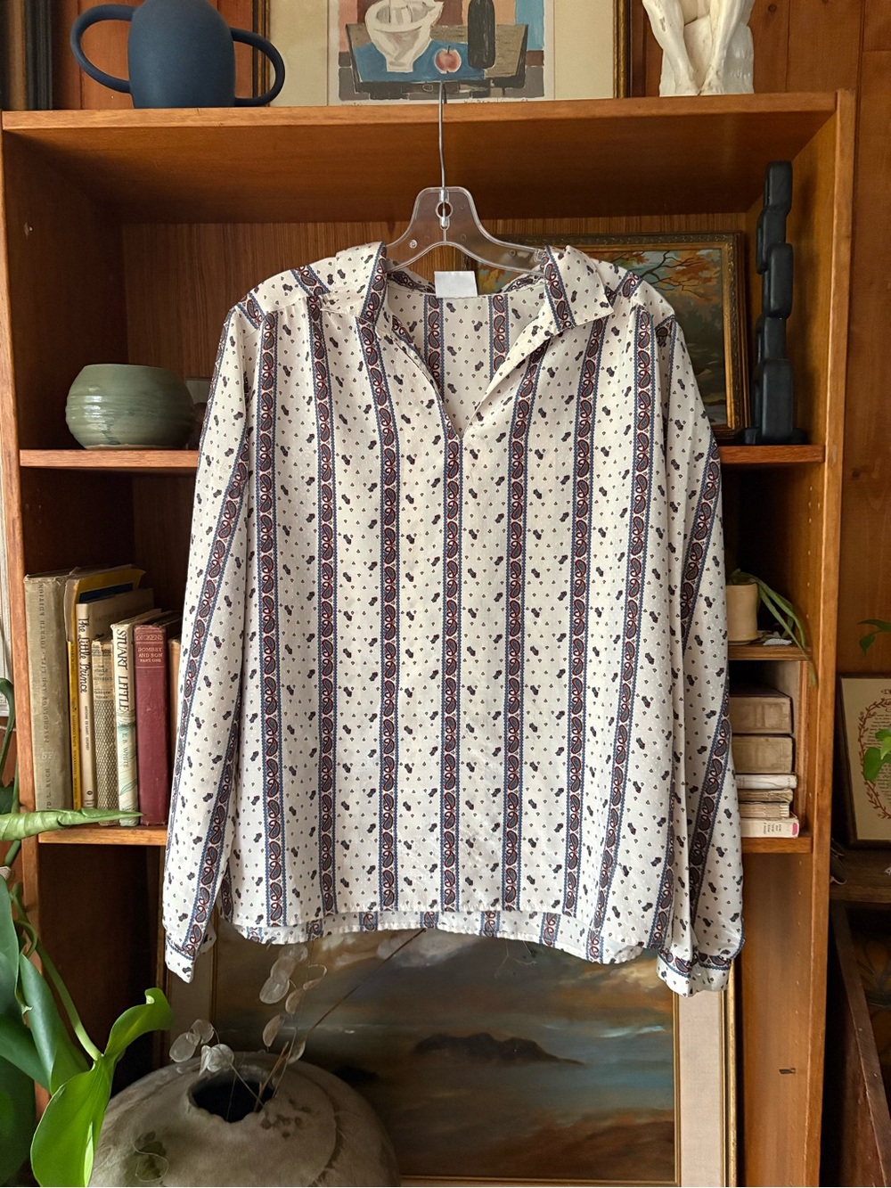 80s VTG Retro Workwear Stripe Paisley Blouse M